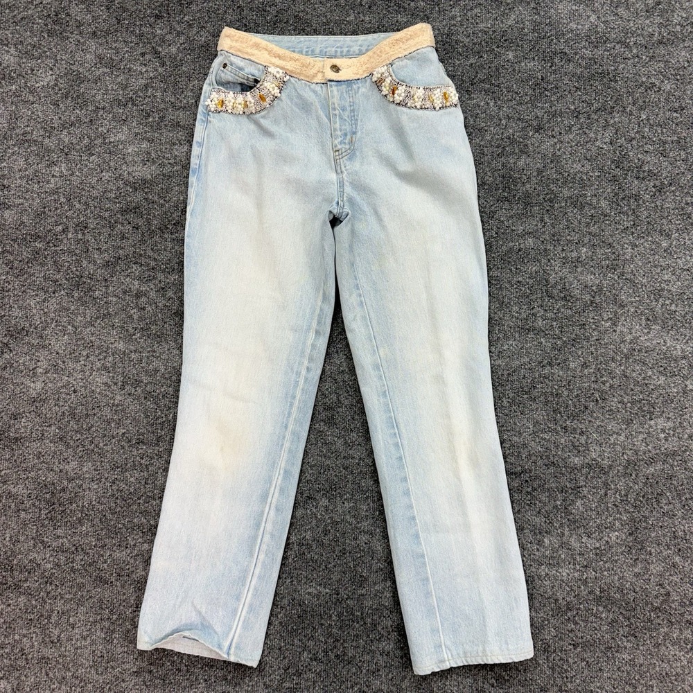 Vintage Newport News‎ Jeanology  High Rise Jeans Beaded Faux Fur Waist Size 6